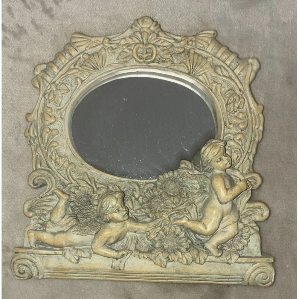 Vintage Cherubs Table Mirror Picture Frame Resin 7.5x7.5